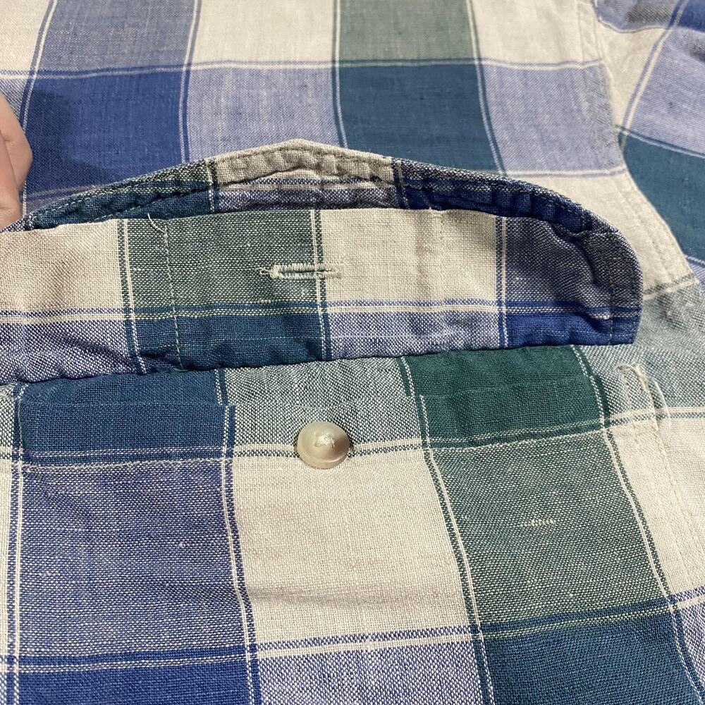 VTG Eddie Bauer Shirt Mens L Blue Green Plaid Linen Button Down 90s Summer - Picture 2 of 7
